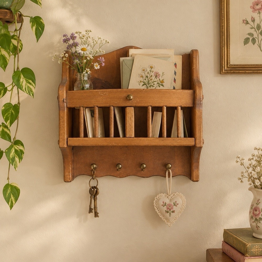 Vtg Letter Keys Mail Holder Organizer Wood Cut Out Farmhouse Wall Mounted P